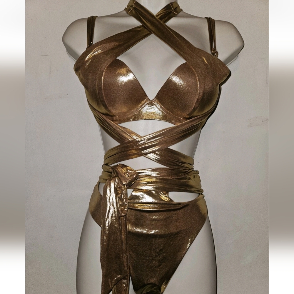Honey Birdette Pamela Bronze push-up bikini 34D and High-Waist Bottom Medium NWT